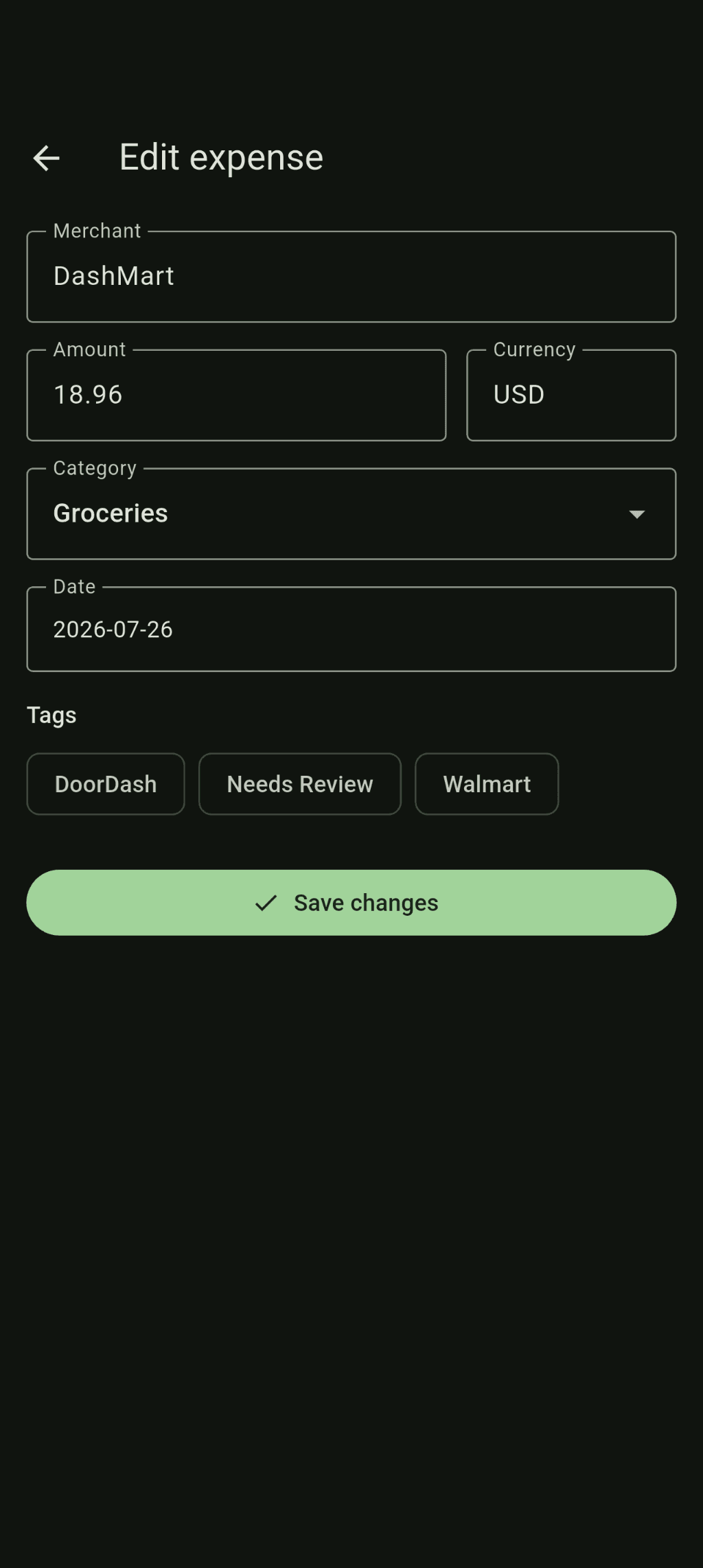 The edit expense screen with fields for merchant, amount, currency, category, and date, plus tag chips and a save button