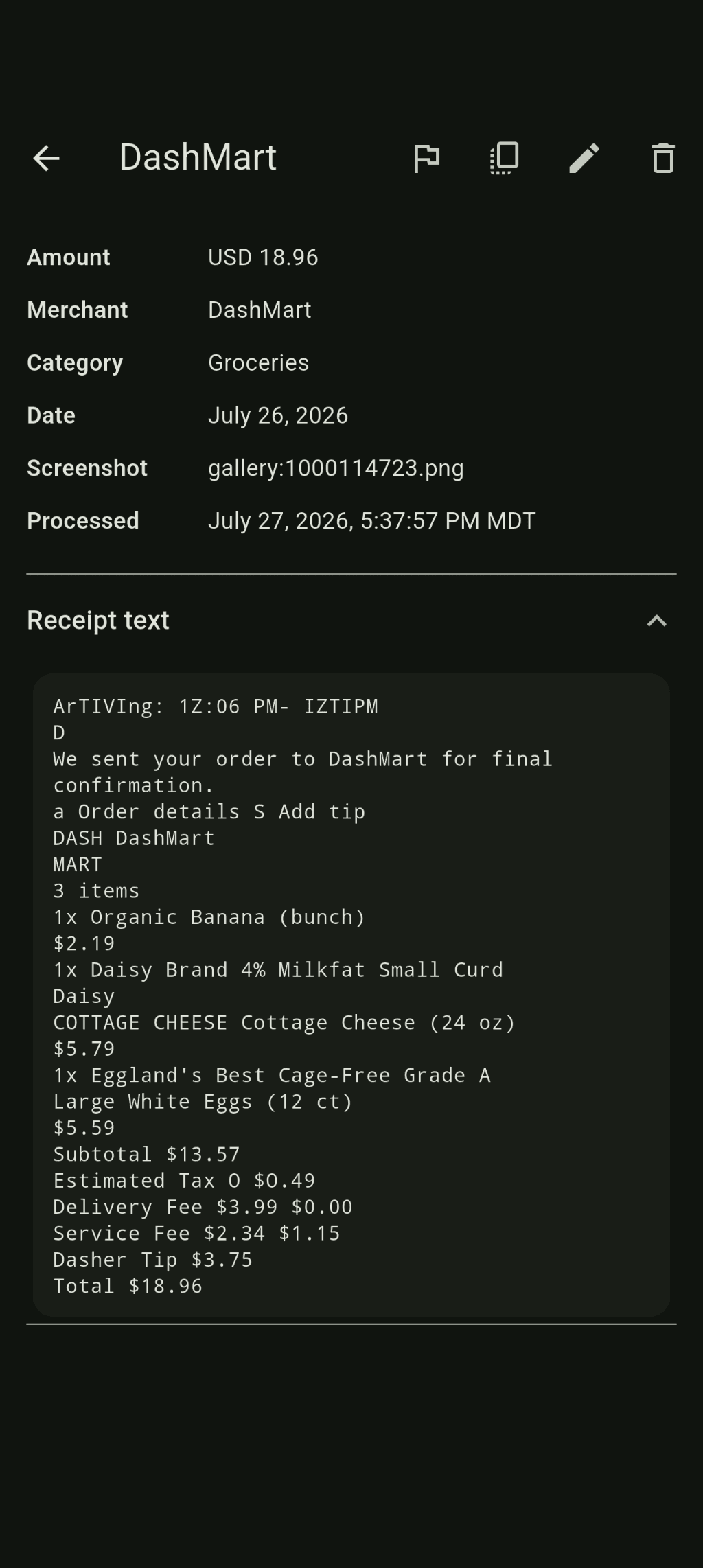 An expense detail screen showing the parsed amount, merchant, category, and date above the raw receipt text the values were read from