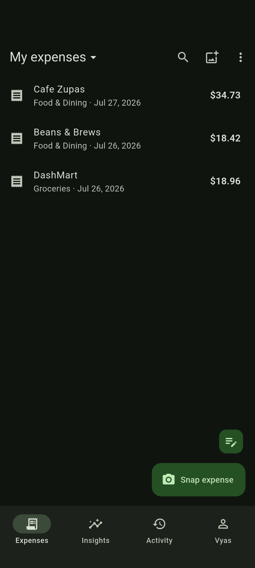 Expense Snap expense list showing three expenses with merchant, category, date, and amount, above tabs for Expenses, Insights, Activity, and profile